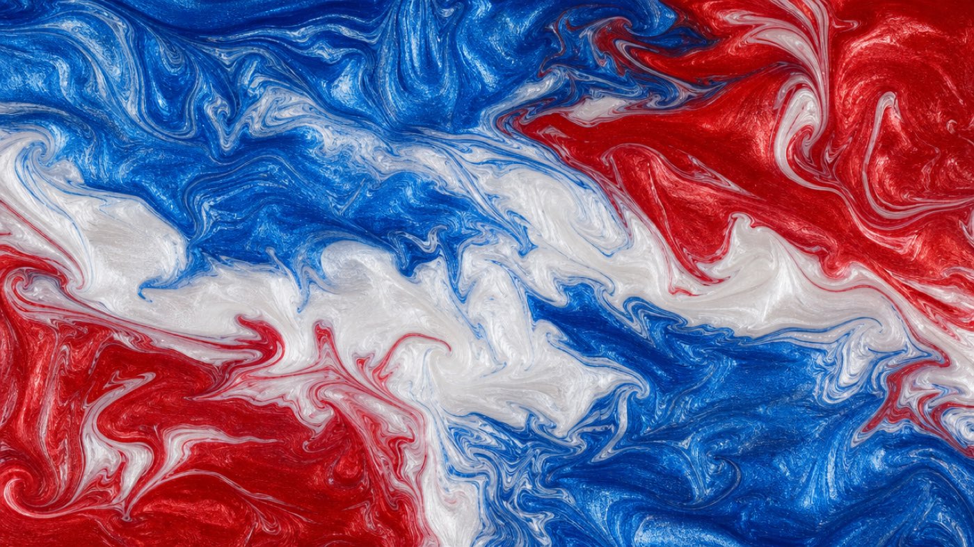 Custom-color metallic epoxy pour marbled in red, white and blue
